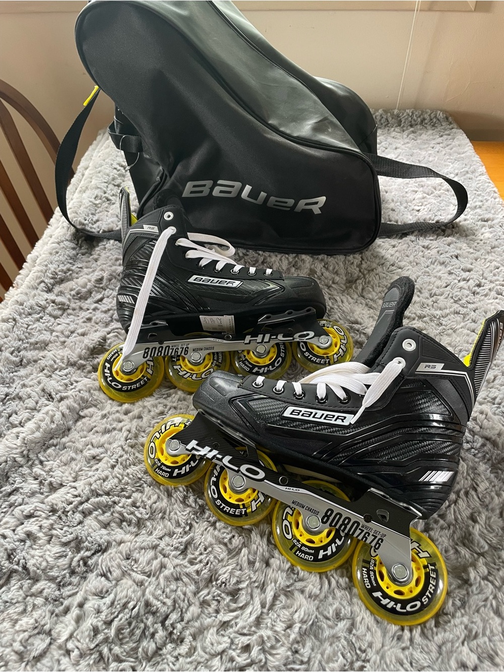 Bauer RS Inline Hockey Skates Size 6 Hi-Lo Chassis Black Yellow 80mm 76mm Wheels